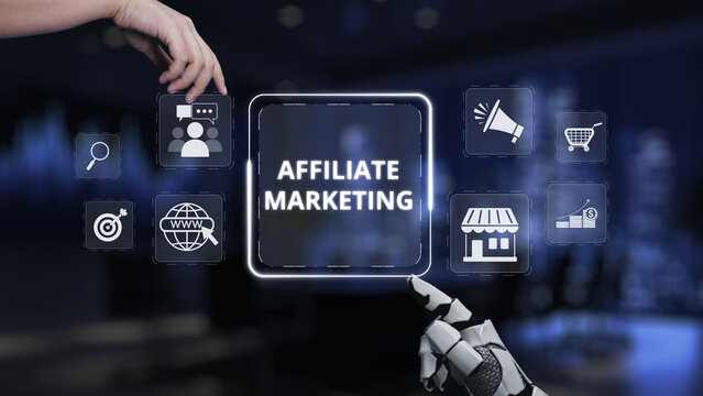 A close-up of a human hand and robotic hand interacting with a digital screen featuring affiliate marketing icons, showcasing the integration of technology and online strategies. Synapse - Powered by Adobe