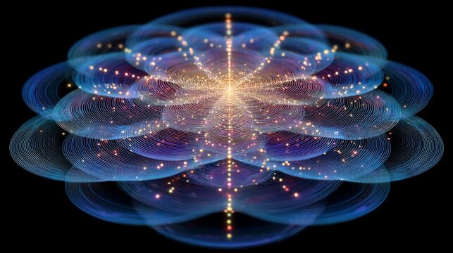 Abstract geometric design with concentric circles radiating light and color on a black background - Powered by Adobe