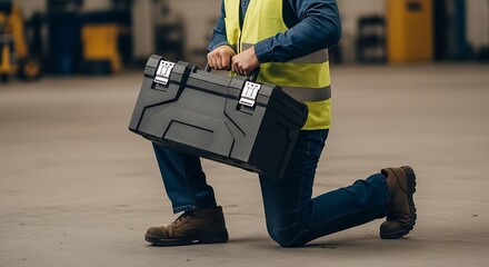 A worker on his knee holding a black toolbox