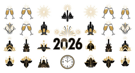 Art deco new year 2026 celebration with champagne flutes and fireworks on a white background festive scene