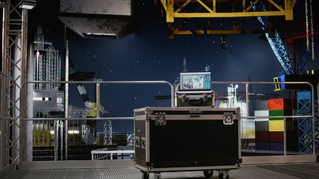 Empty computer displays predictive maintenance dashboard on offshore drilling rig, tracking infrastructure calibration and performance during efficient petroleum extraction from platform.