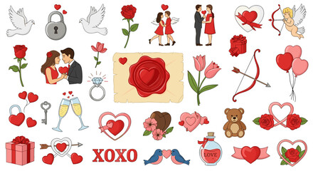 Collection of valentine's day themed drawings with hearts, couples, and romantic symbols included