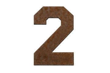 Rusty metal number two rendering over alpha channel portraying age, count, or a second place rank concept