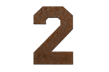 Rusty metal number two rendering over alpha channel portraying age, count, or a second place rank concept