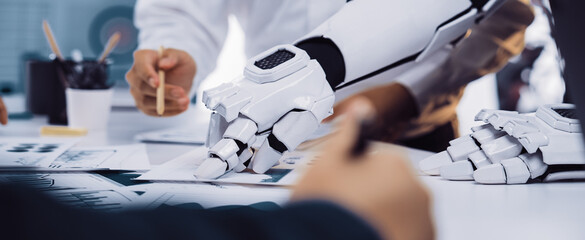 A modern business meeting featuring a robotic arm engaging with team members. The scene highlights...