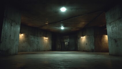Vibrant photo of empty, dark, concrete underground tunnel with industrial light bulb
