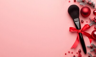 Festive makeup brush tied with a red ribbon, surrounded by christmas ornaments and fir tree branches on a pink background