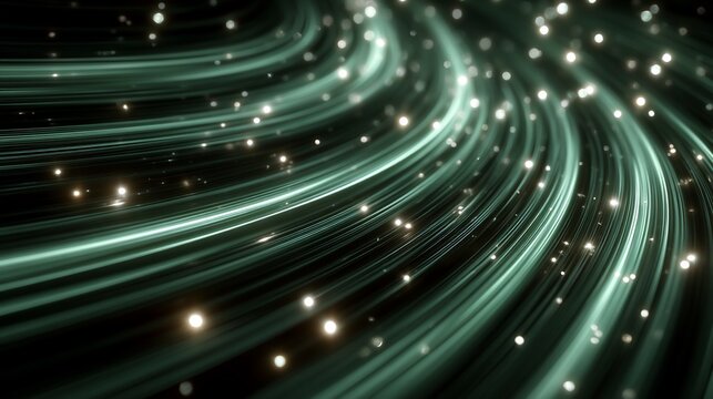 Abstract Green Light Trails with Sparkling Particles Background for Digital Art