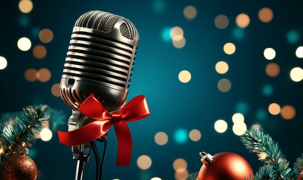 Vintage microphone with red bow, fir branches, and christmas ornaments, symbolizing holiday music and new year celebrations