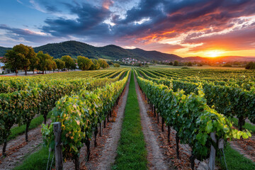 Fototapeta premium Vineyard Sunset Over Rolling Hills and Distant Village