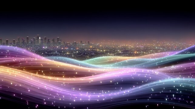 Abstract landscape with illuminated city skyline and futuristic glowing waves - Powered by Adobe