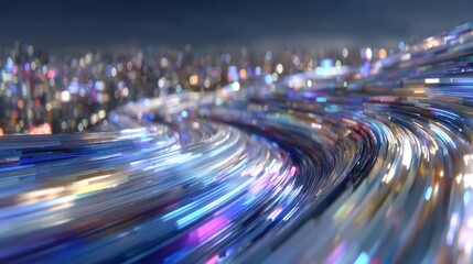 Abstract light streaks over cityscape creating a futuristic technology background