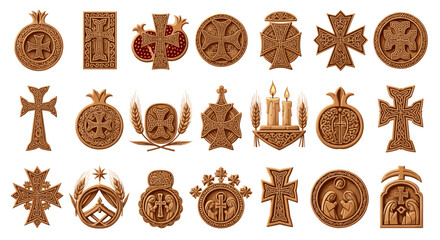 Collection of intricately carved wooden crosses and religious symbols in various shapes and designs