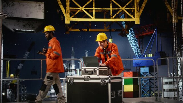 Workers expert concerned on offshore oil platform while he follows fuel extraction using laptop software, sweating and struggling to ensure safe oil drilling production. Camera A.