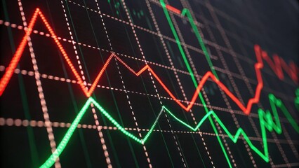 A digital stock market graph displaying fluctuating trends with green and red lines representing price movements.