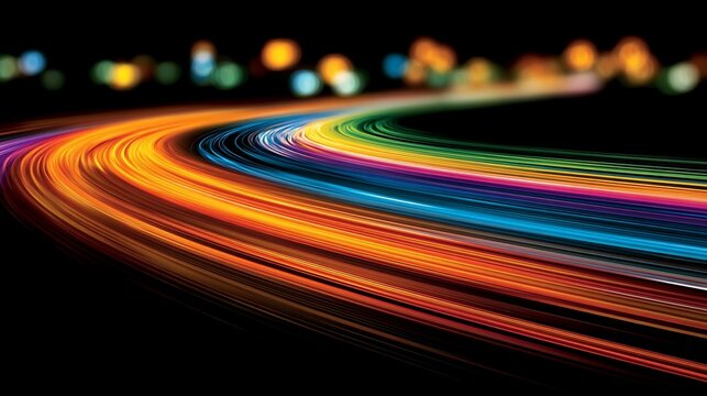 Abstract multicolored light trails create a sense of speed and dynamism on black background