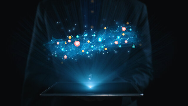 Social media interaction digital icons floating show concept of social media marketing. Online engagement, influencer marketing, and modern connection technology. Elide