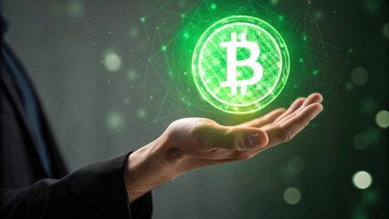 A digital representation of a Bitcoin symbol glowing in green, held in a hand against a dark background, symbolizing cryptocurrency and financial technology.