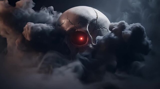 A visually striking and menacing digitally rendered skull emerges from swirling, dark smoke, set against a deep, somber background. The skull itself is adorned with prominent cracks, suggesting age or