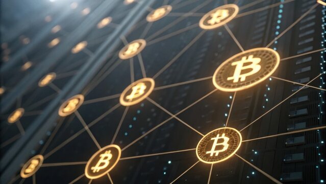 A digital representation of a Bitcoin network, showcasing interconnected nodes and symbols, highlighting the technology behind cryptocurrencies.