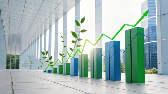 A modern office space featuring upward-trending bar graphs intertwined with growing plants, symbolizing growth and sustainability in business.
