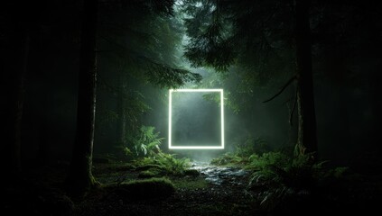 Vibrant photo of glowing neon square portal floating in a dark, mysterious forest