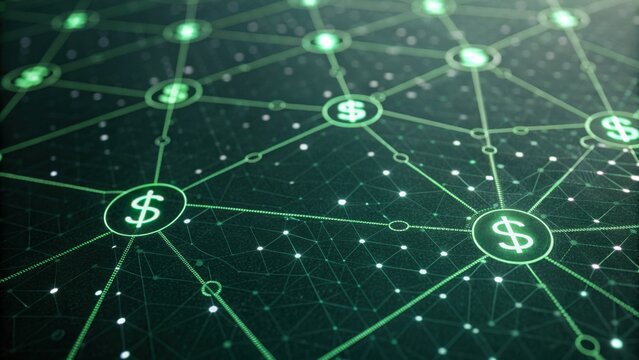 A digital network visualization featuring interconnected nodes with dollar signs, representing finance, technology, and data flow.