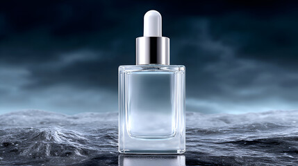Clear serum dropper bottle with a silver cap and white pipette, placed on a dark, wavy water surface with a stormy sky background. The image conveys oceanic freshness, powerful hydration.