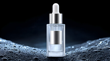 Clear serum dropper bottle with a silver band and white pipette, placed on a surface covered in water droplets against a dark, moody background. The image conveys hydration, freshness.