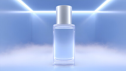 Transparent glass bottle with light blue liquid and a silver cap displayed in a futuristic blue room. Vapor or fog at the bottom and bright white neon lines create a clea.