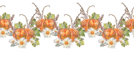 Watercolor autumn seamless border with pumpkin and chamomile on white background. Hand-drawn bloom flower chrysanthemum or daisy for card. Rim with vegetable for invite. Wallpaper or wrapping