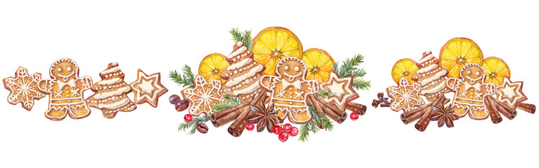 Watercolor set with Christmas gingerbread man chocolate and orange isolated on white background. Celebration winter New Year tree and berry dessert food and spice condiment. Clipart for wallpaper