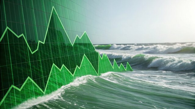 A digital graphic depicting green financial charts merging with ocean waves, symbolizing the intersection of finance and nature.