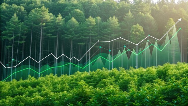 A green forest landscape with overlaid upward-trending graphs, symbolizing growth and sustainability in nature.
