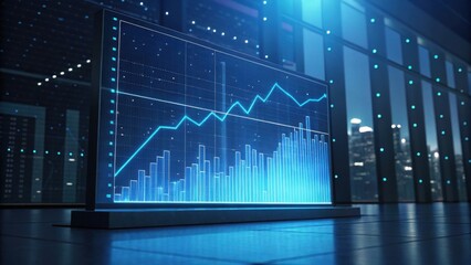 A digital graph displays fluctuating data trends in a modern office setting, illuminated by blue lighting and sleek architecture.