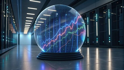 A futuristic sphere displays digital data trends in a high-tech server room, blending technology with financial analytics.