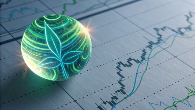 A glowing orb with a leaf design rests on a graph, symbolizing growth and the intersection of nature and finance. - Powered by Adobe