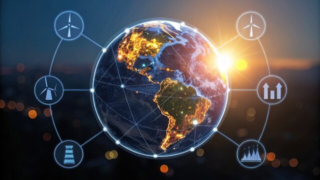 A digital illustration of Earth, featuring network connections and renewable energy symbols, emphasizing global sustainability and innovation.