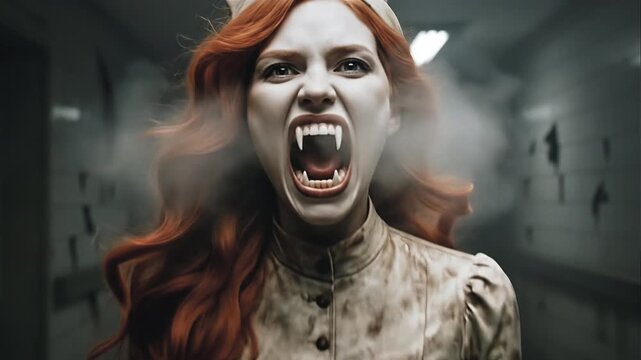 Red-Haired Creepy Nurse Walking in a Dark Hallway and Revealing Her Fangs with Cold Breath
