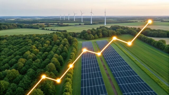 Aerial view of renewable energy installations featuring solar panels and wind turbines amidst lush green fields, symbolizing sustainable development and growth.