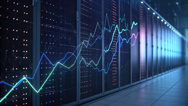 A futuristic data center with illuminated servers and a digital graph displaying fluctuating metrics.