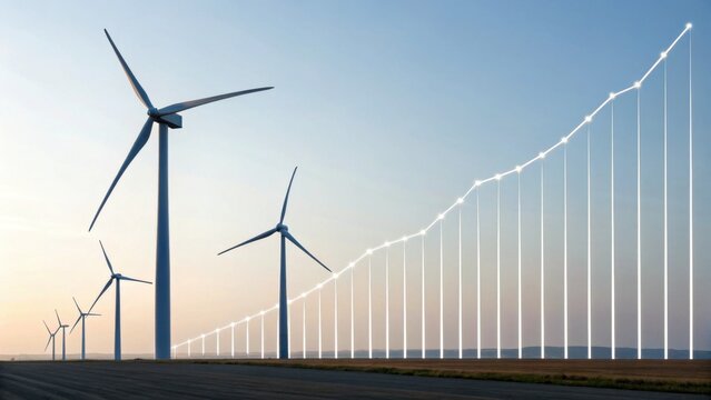 A landscape featuring wind turbines against a sunset, illustrating renewable energy growth and sustainability through a visual graph-like design.