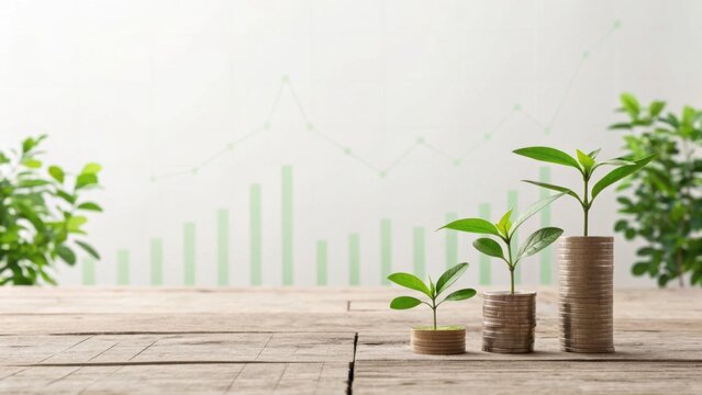 A visual representation of financial growth, featuring coins and growing plants against a background of upward-trending graphs.