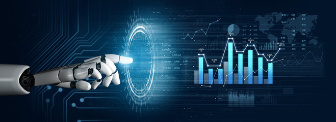 A robotic hand reaches toward a holographic display, showcasing data and graphs. This image embodies the convergence of technology and analytics in contemporary society. Scalp