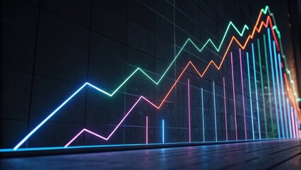 A vibrant neon graph on a wall, depicting fluctuating data trends with colorful lines against a dark background.