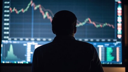 A person observes stock market data on a screen, depicting fluctuating graphs and statistics.