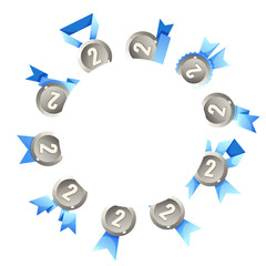 A circular arrangement of silver medals with the number two, surrounded by blue ribbons. The design symbolizes achievement and recognition in competitions. Vector illustration