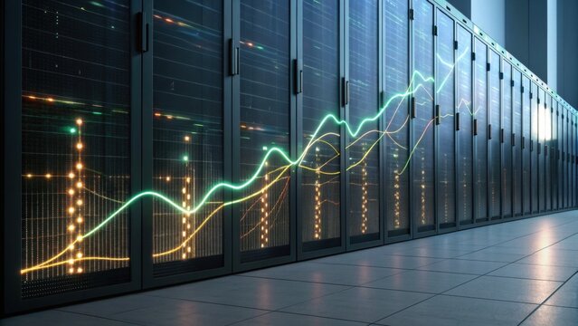 A modern data center with server racks displaying digital graphs, symbolizing growth and technology in data management.