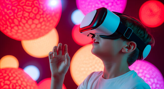 Excited child explores vibrant virtual reality with VR headset, reaching out to touch immersive digital world, sparking imagination and futuristic innovation for entertainment and education