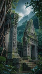 Obraz premium Ancient jungle temple ruins with mystical stormy sky and lightning overgrown vines fantasy adventure landscape